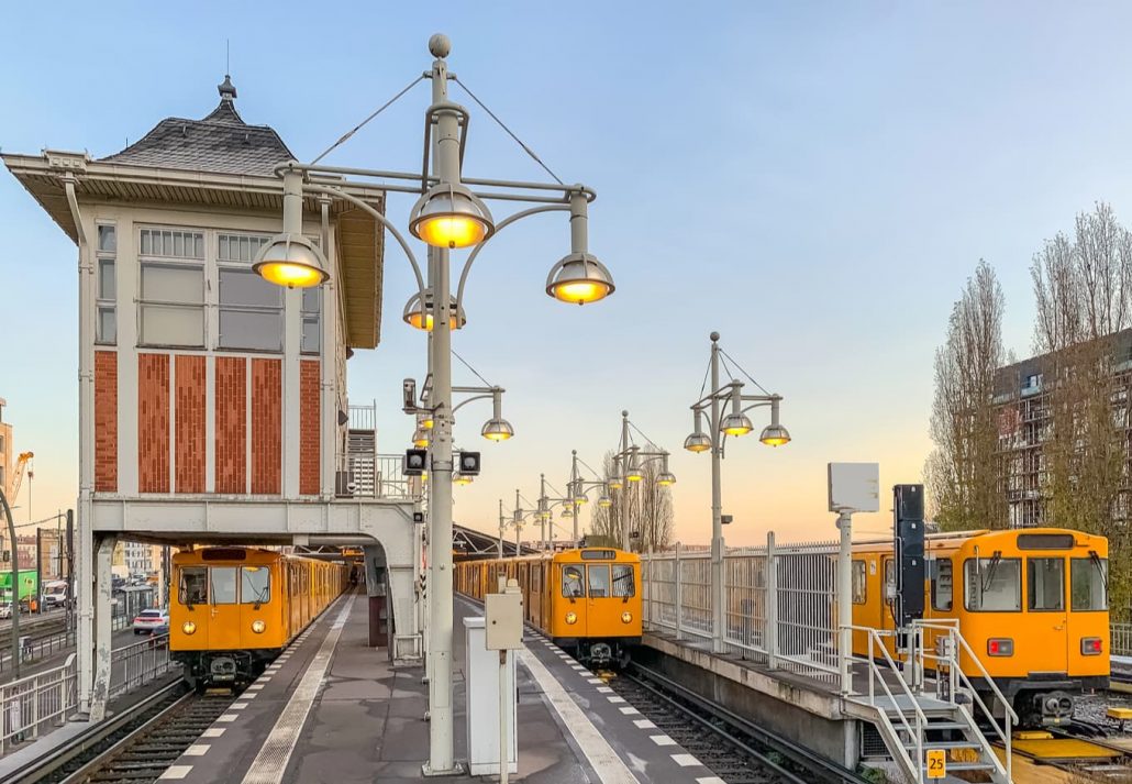 Yellow metro trains at a station in Berlin