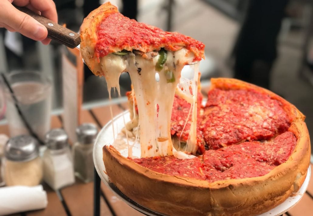 Deep dish pizza, in Chicago, Illinois, USA.