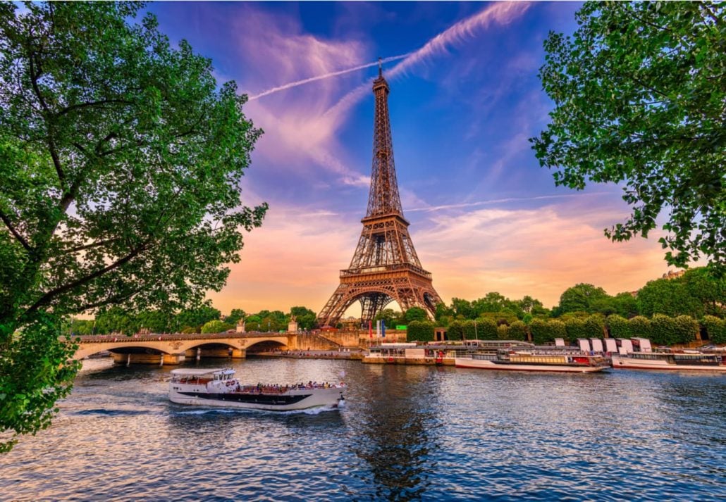 Eiffel Tower with sunset in the background