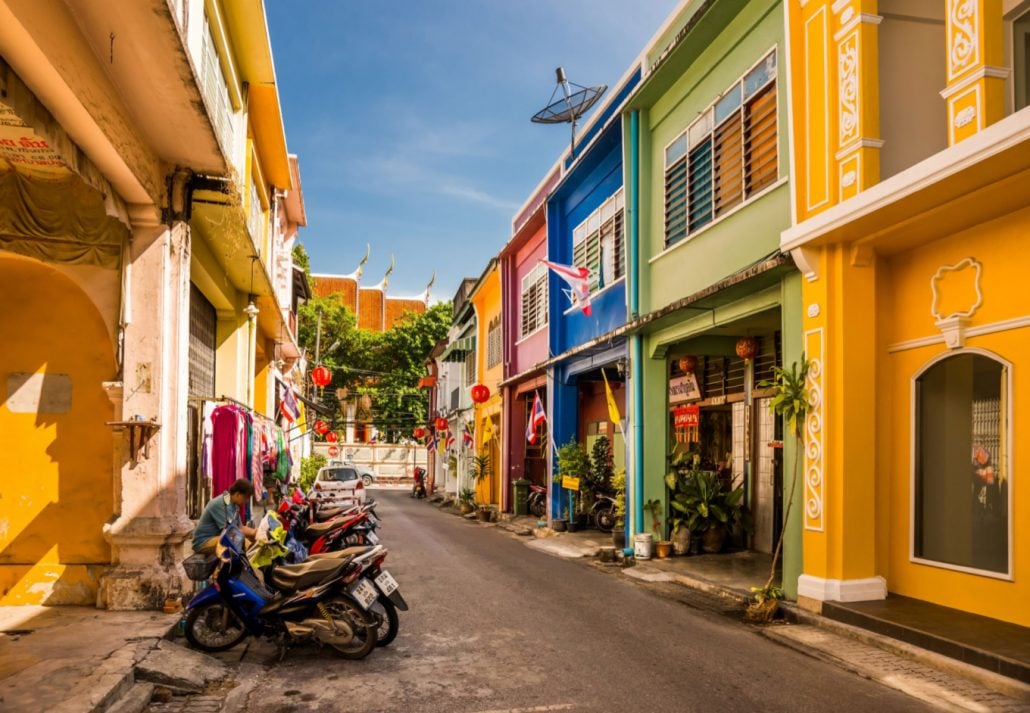 A street with colorful buildings in Phuket