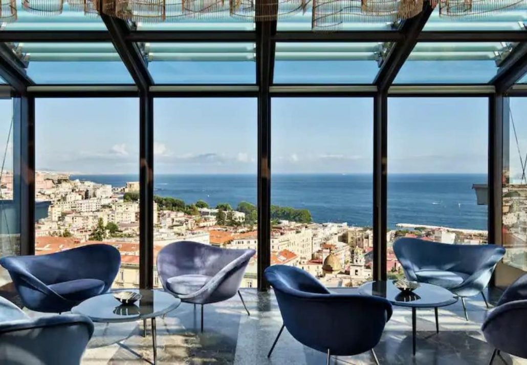 A view of Naples from the rooftop terrace at Britannique Hotel Naples, Italy