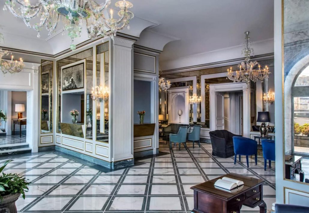 Lobby area in Grand Hotel Santa Lucia, one of the best hotels in Naples, Italy