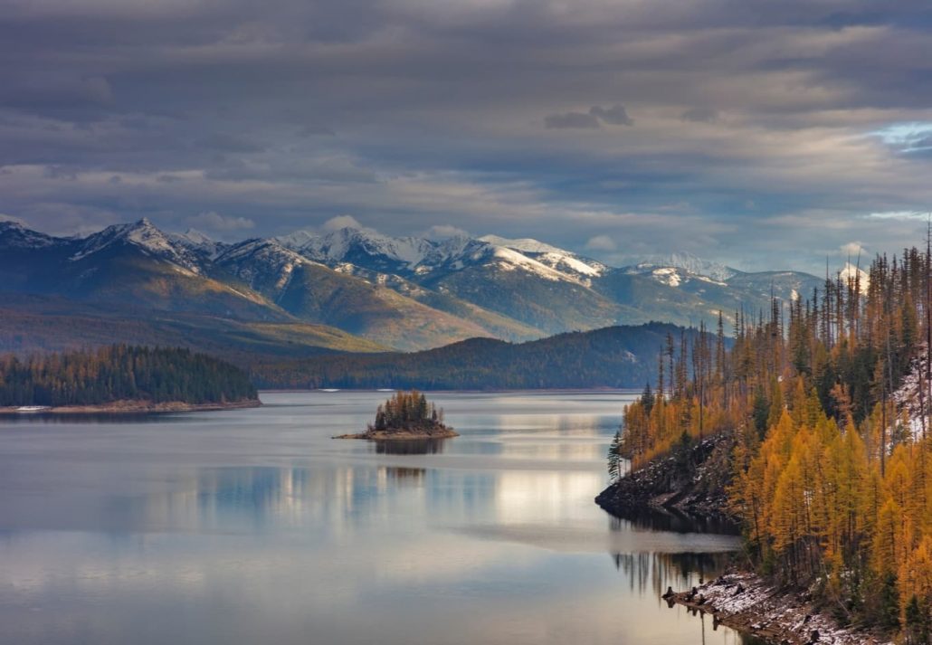 Small island in the Hungry Horse Reservoir in the Flathead National Forest, Montana, USA