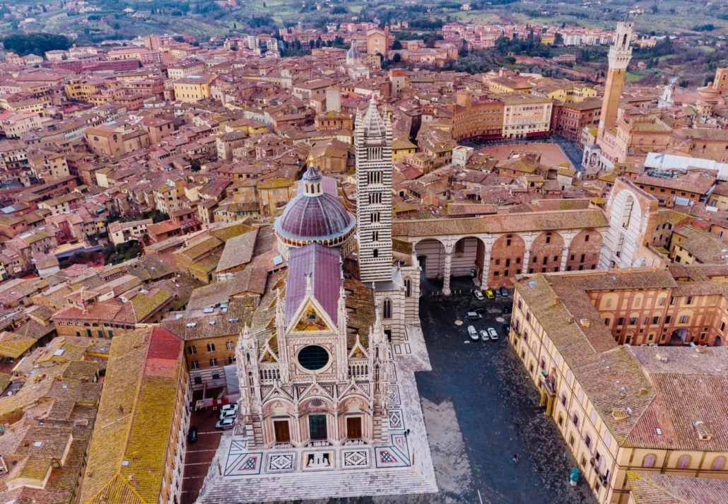 Aerial view of Piazza del Campo, in Siena, Italy.
