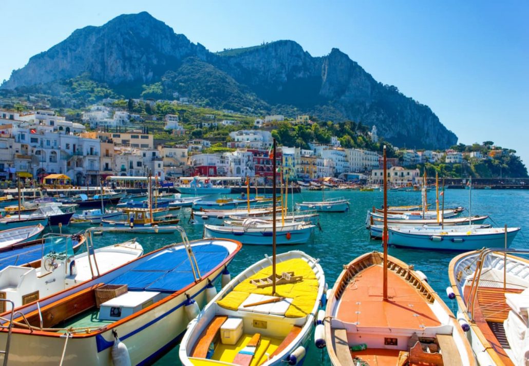 A view of a port in Capri and Monte Solaro in the distance