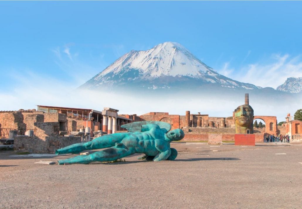 The ruined city of Pompeii in front of Mont Vesuvius, in Italy.