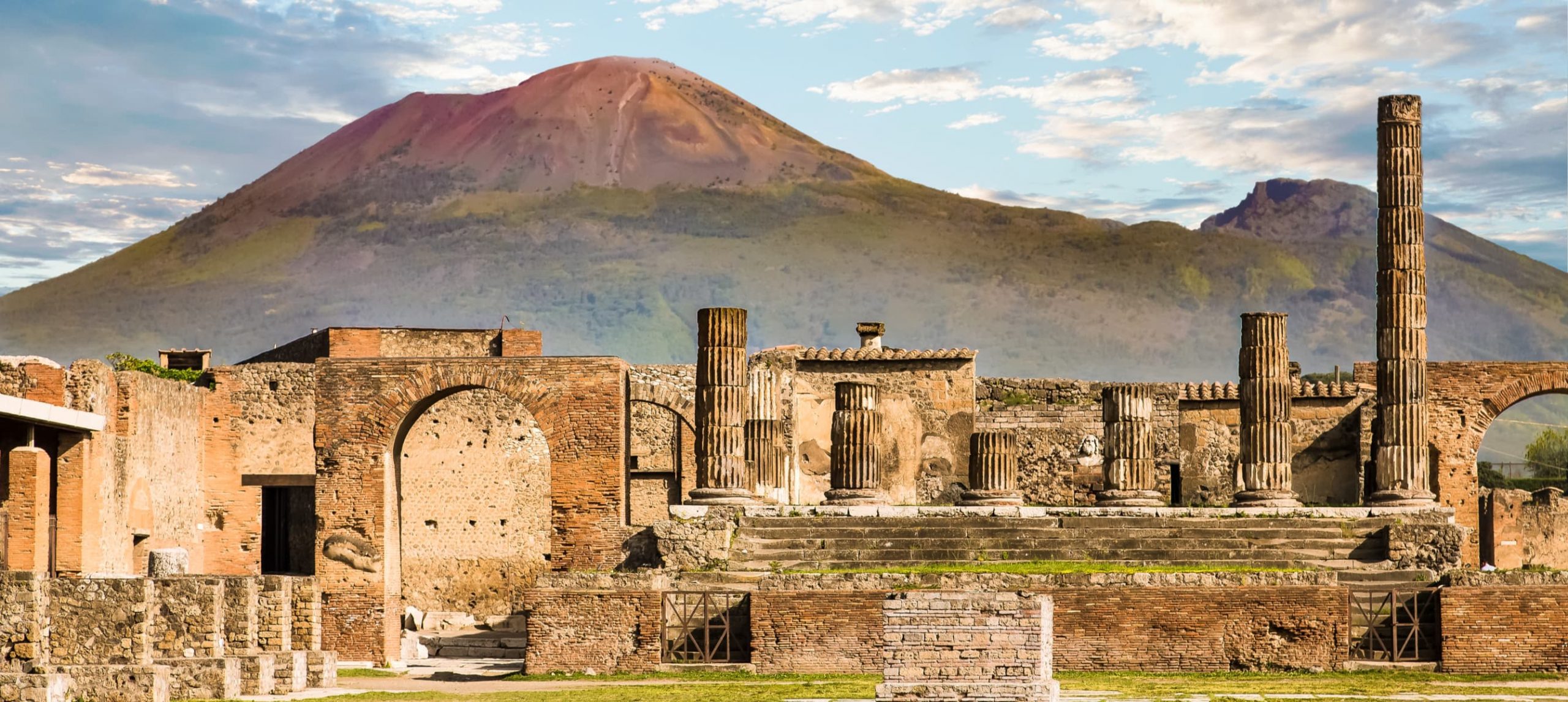 The ruined city of Pompeii in front of Mont Vesuvius, in Italy.