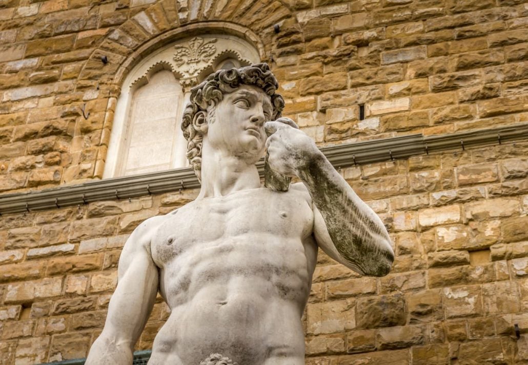 Michelangelo's David Statue, in Piazza della Signoria, Florence.