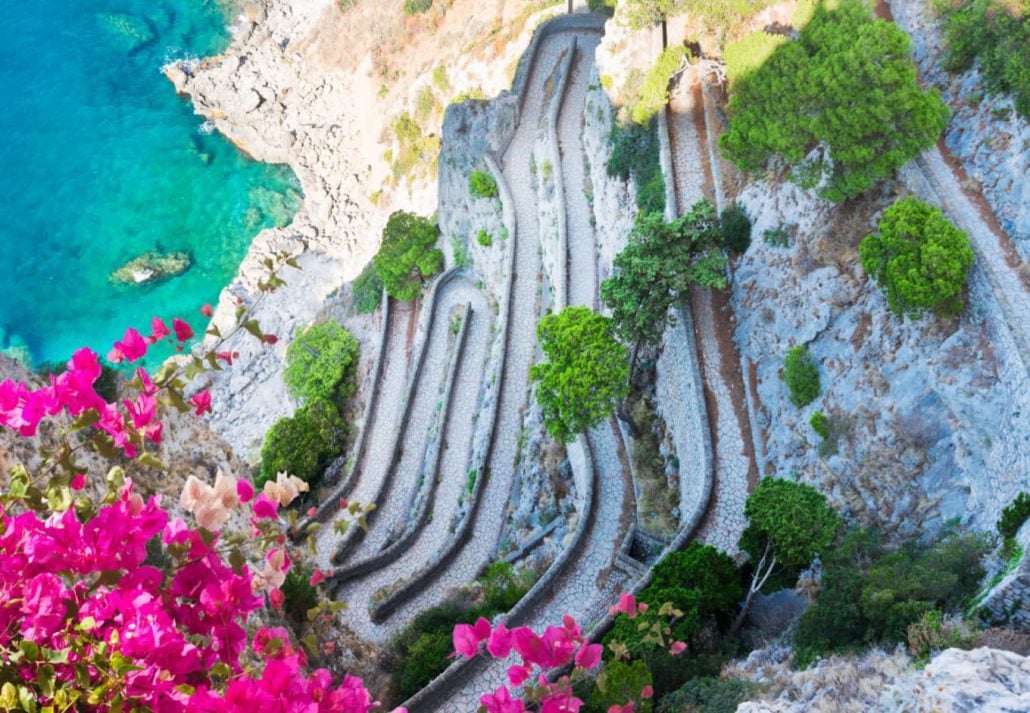 A curvy road on a hill in Capri, Italy