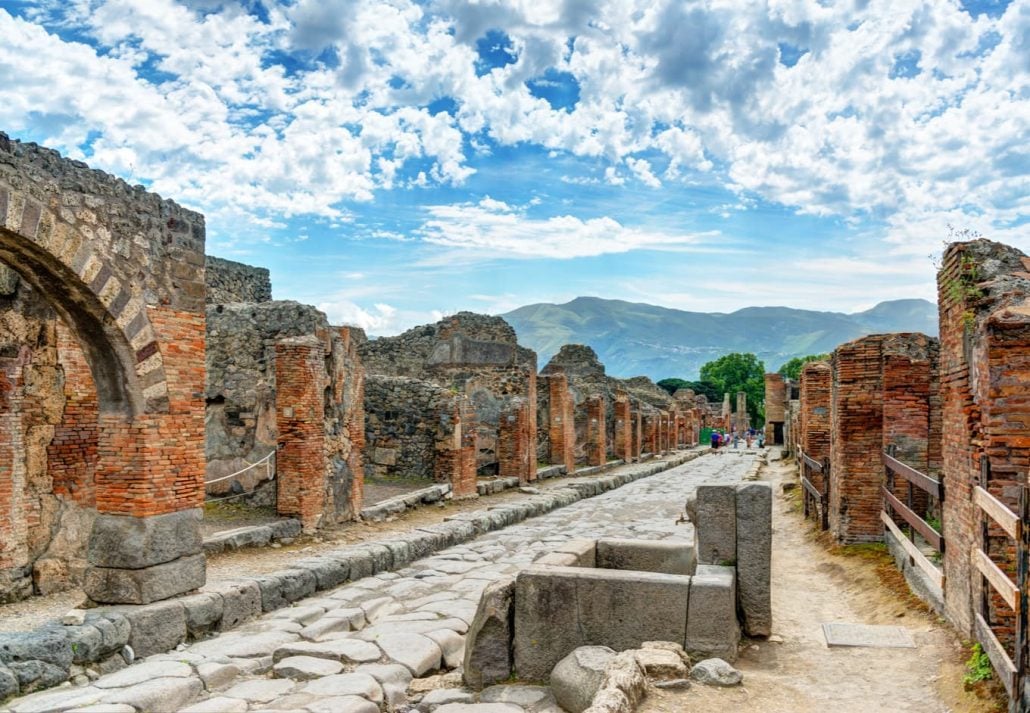 The ruins of Pompeii in front of Mount Vesuvius, in Pompeii, Italy.