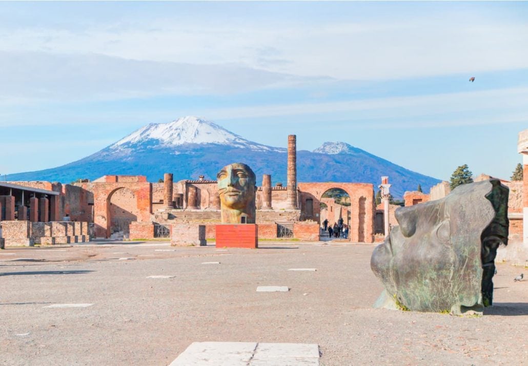 The ruins of Pompeii in front of Mount Vesuvius, in Italy.