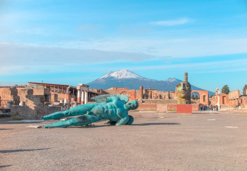 The ruins of Pompeii in front of Mount Vesuvius, in Italy.