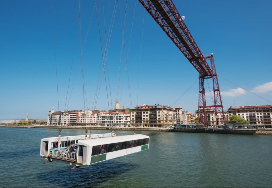 Mobile Vizcaya Bridge passing over the water, Bilbao