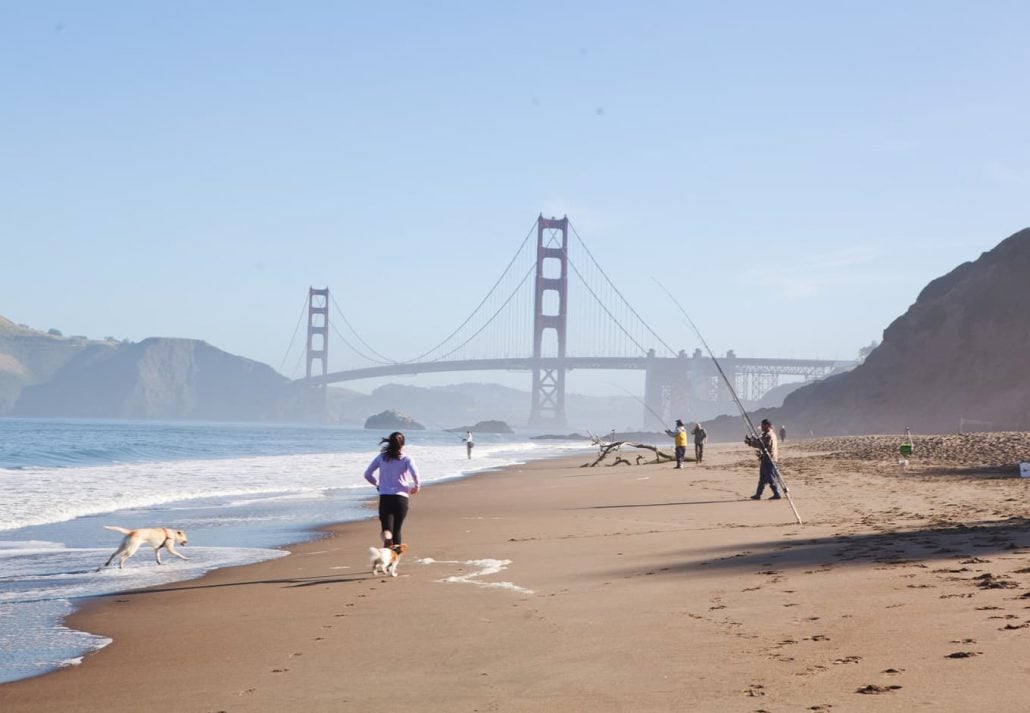 Baker Beach with views of the Golden Gate Bridge, San Francisco, California.