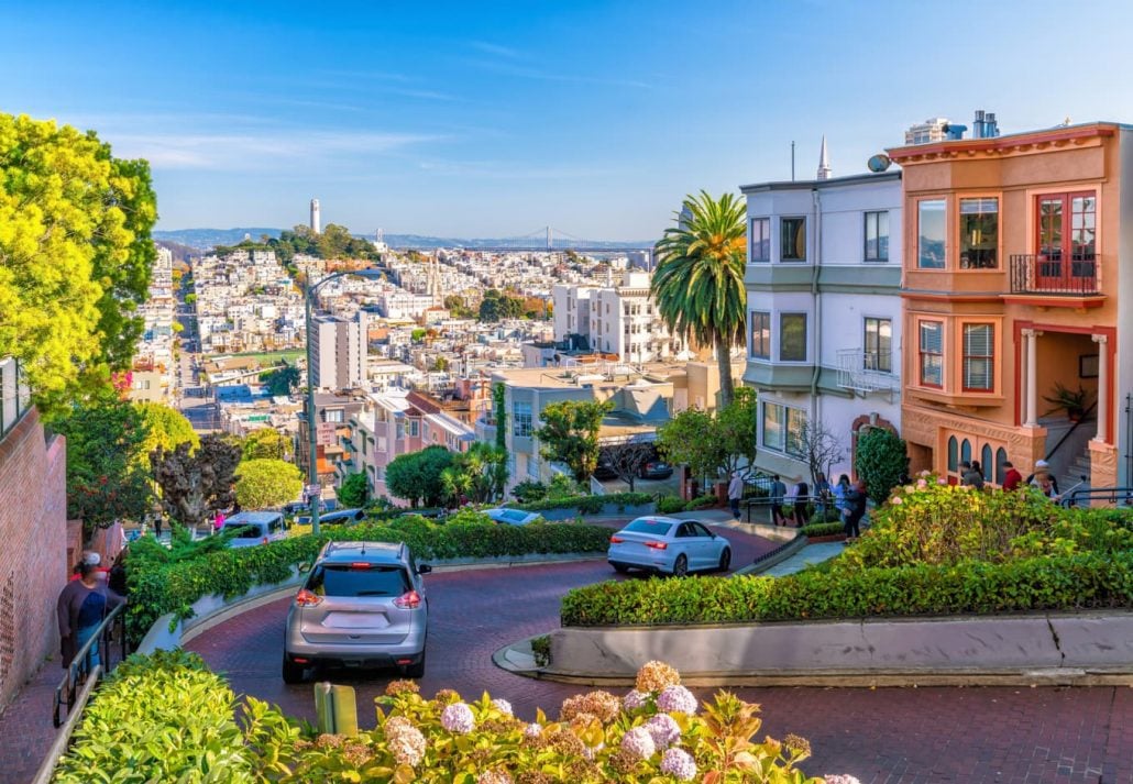 Cars winding down Lombard Street, in San Francisco, California.