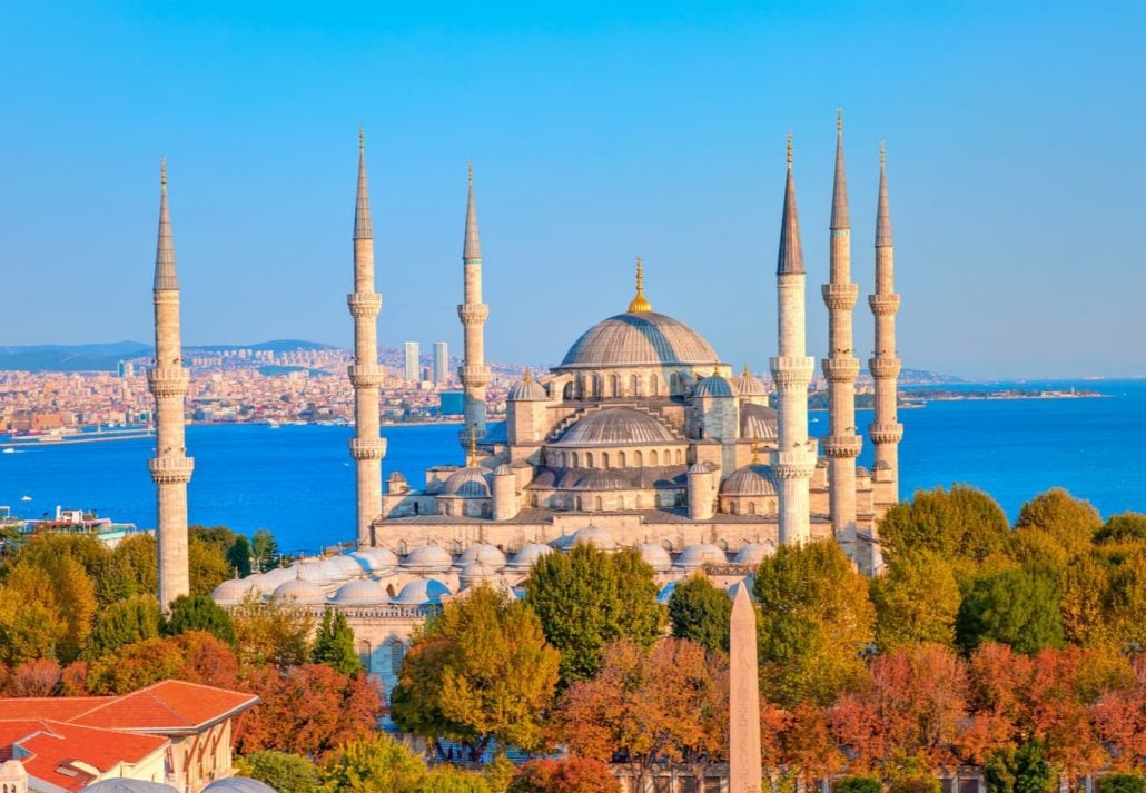 Hagia Sofia mosque surrounded by trees during fall, in Turkey.