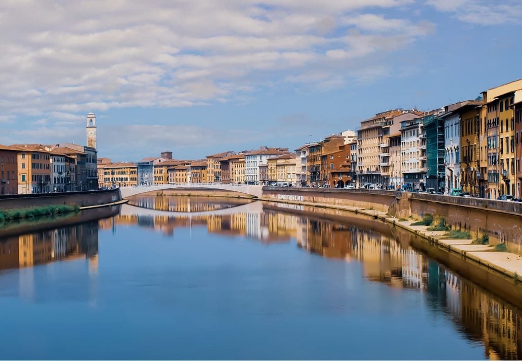 The Arno River winding through Pisa, in Italy.