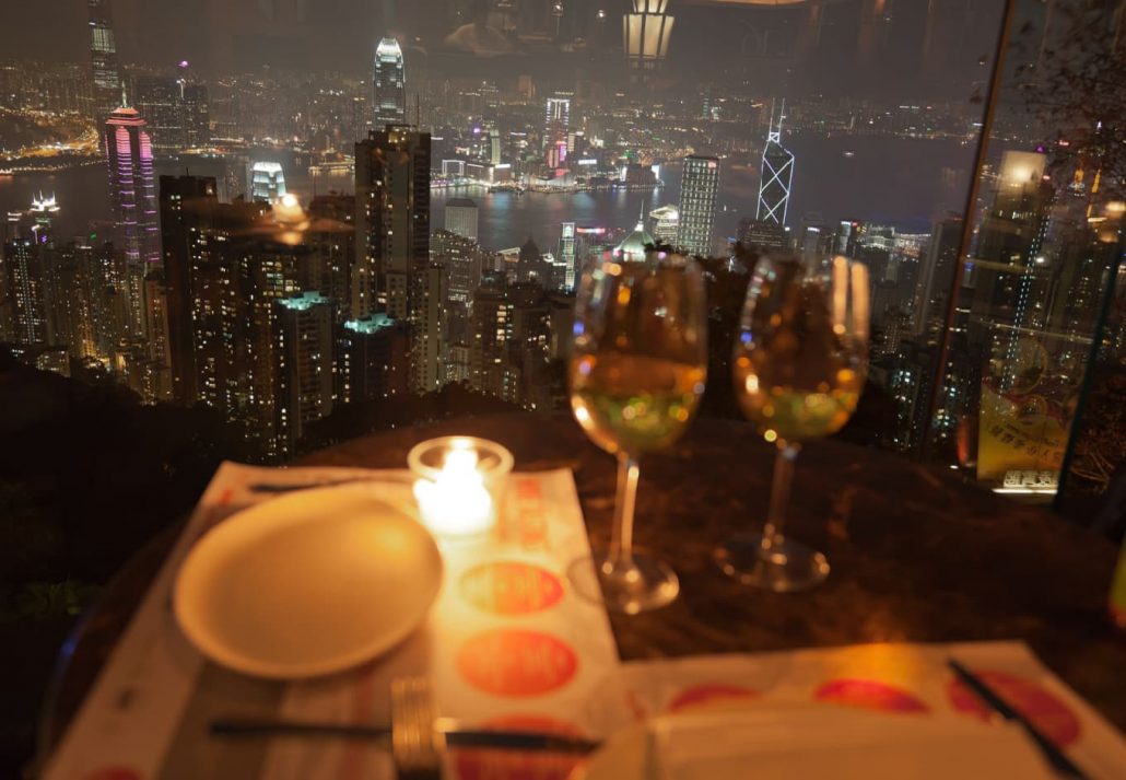 A view of Hong Kong at nighttime from one of the high restaurants