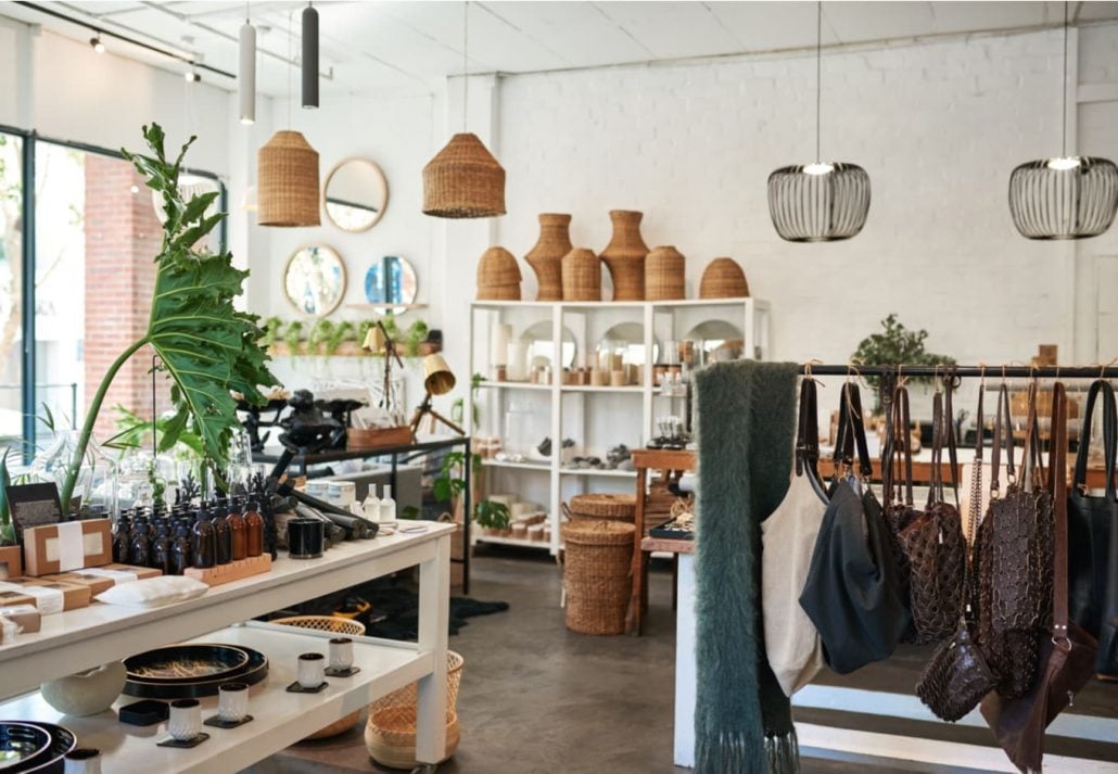 Interior of a trendy and well-decorated boutique store.