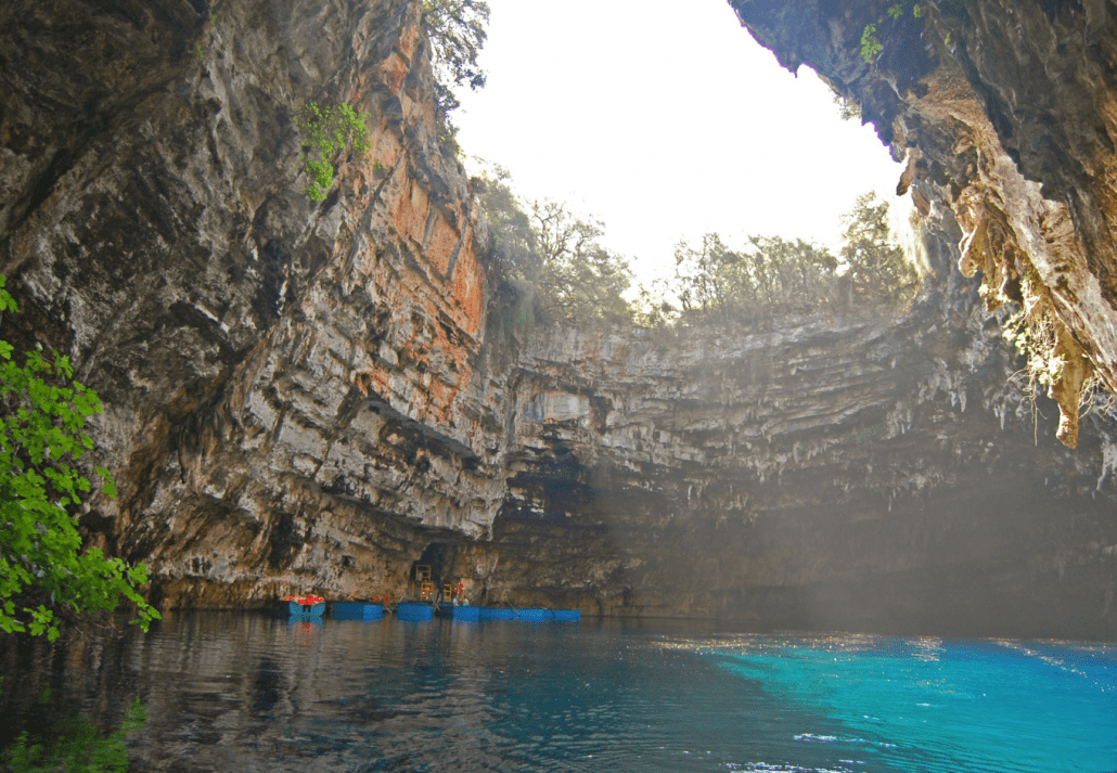 Sunlight streaming through Melisani Cave Greece