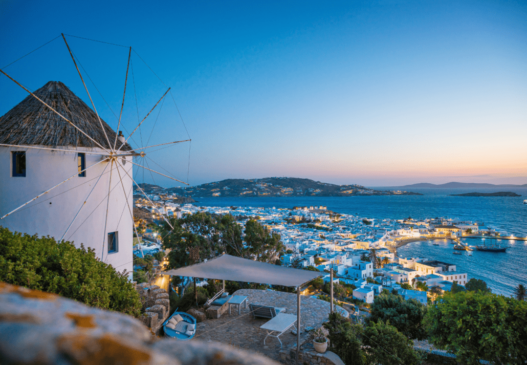 Mykonos town picture with windmill