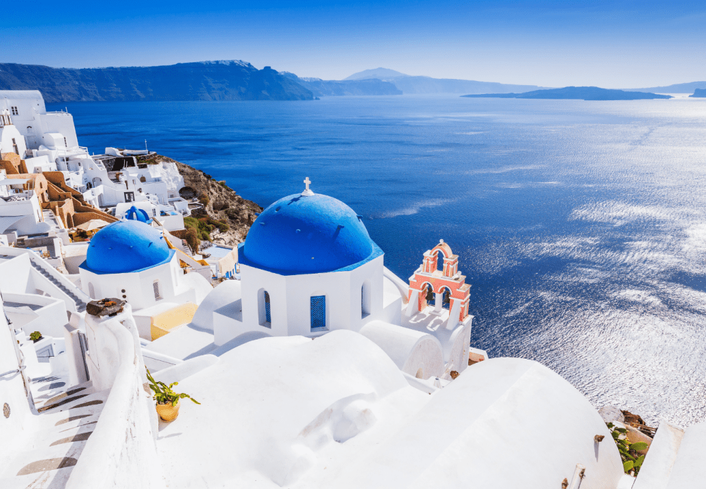 Santorini church with blue ocean