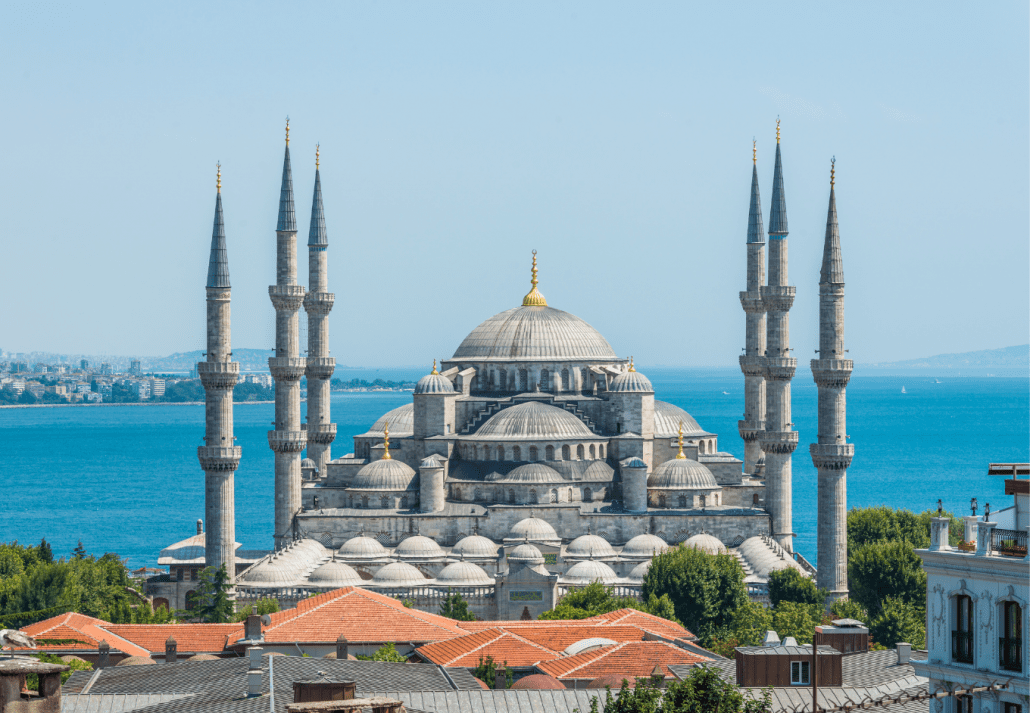 Blue Mosque Istanbul with ocean and sky in the background