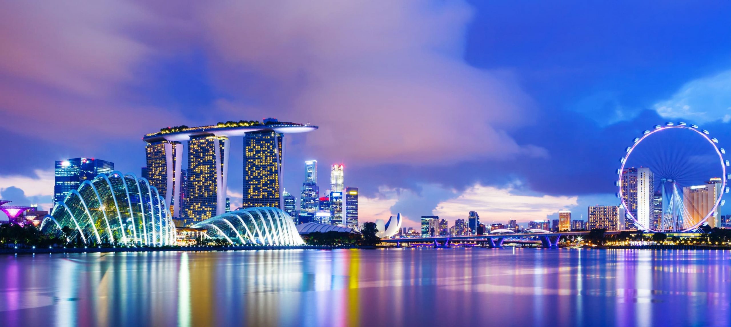 The Singapore skyline at nightime.