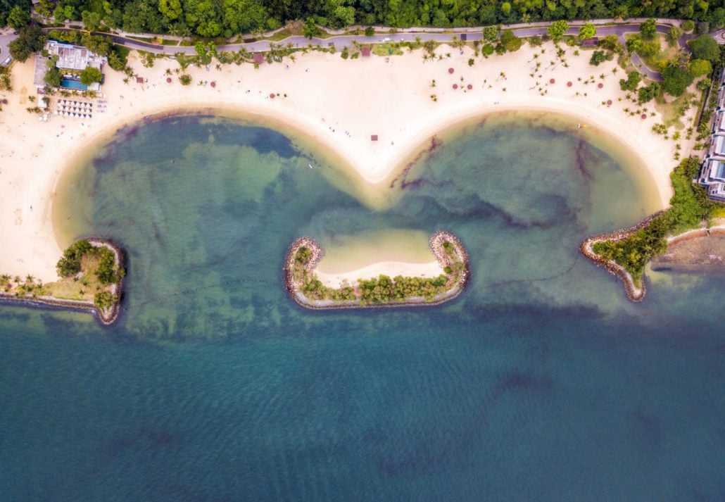 Top view of Tanjong beach at Sentosa island in Sentosa, Singapore. 