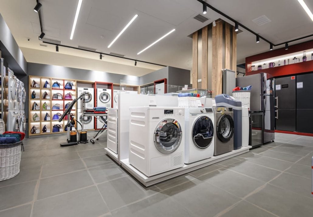 Home appliances inside an electronics store.