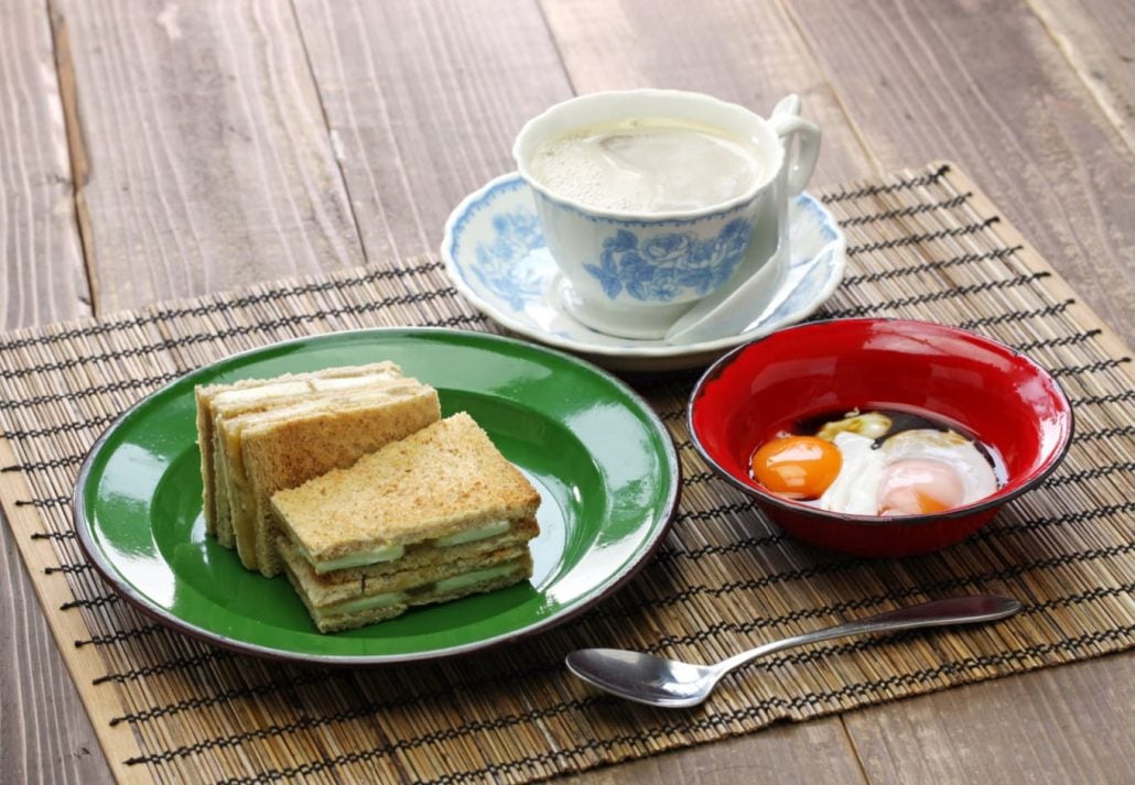 Traditional Singaporean breakfast: Kaya Toast, boiled eggs and coffee.