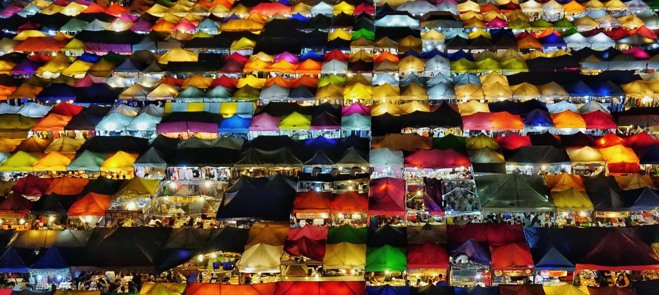 Colorful tents with lights at Train Night Market Bangkok