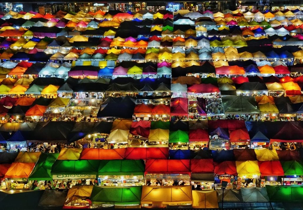 Colourful tents with lights at Train night market in Bagkok