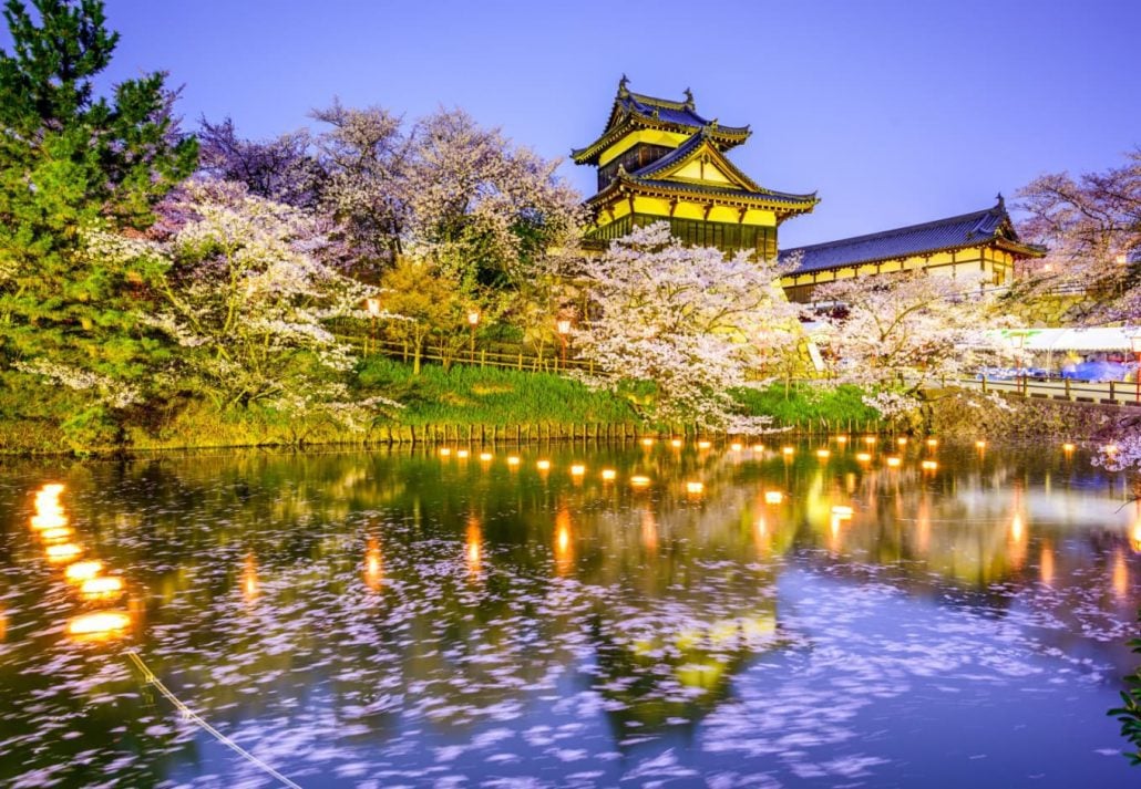 Koriyama-jo Castle Ruins dotted with cherry trees, in Nara, Japan.