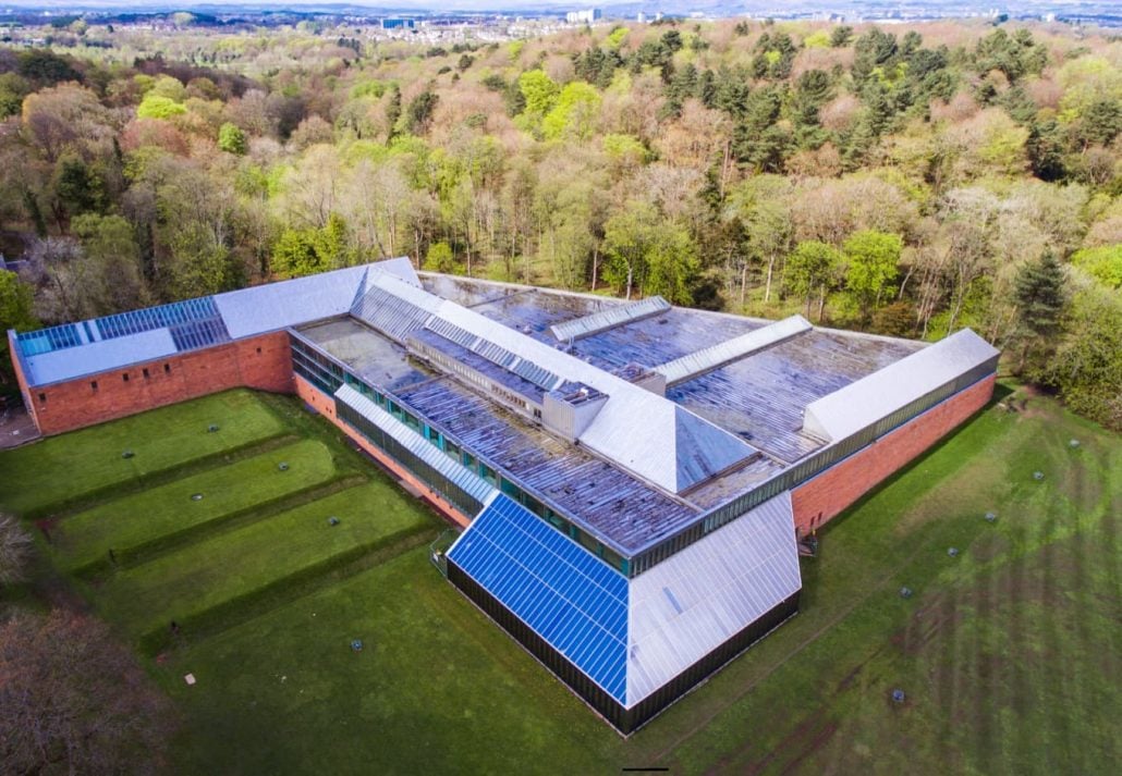 Top view of The Burrell Collection museum, in Glasgow, Scotland.