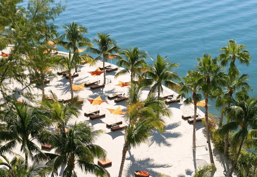 Private beach at the Mandarin Oriental Miami, Florida.