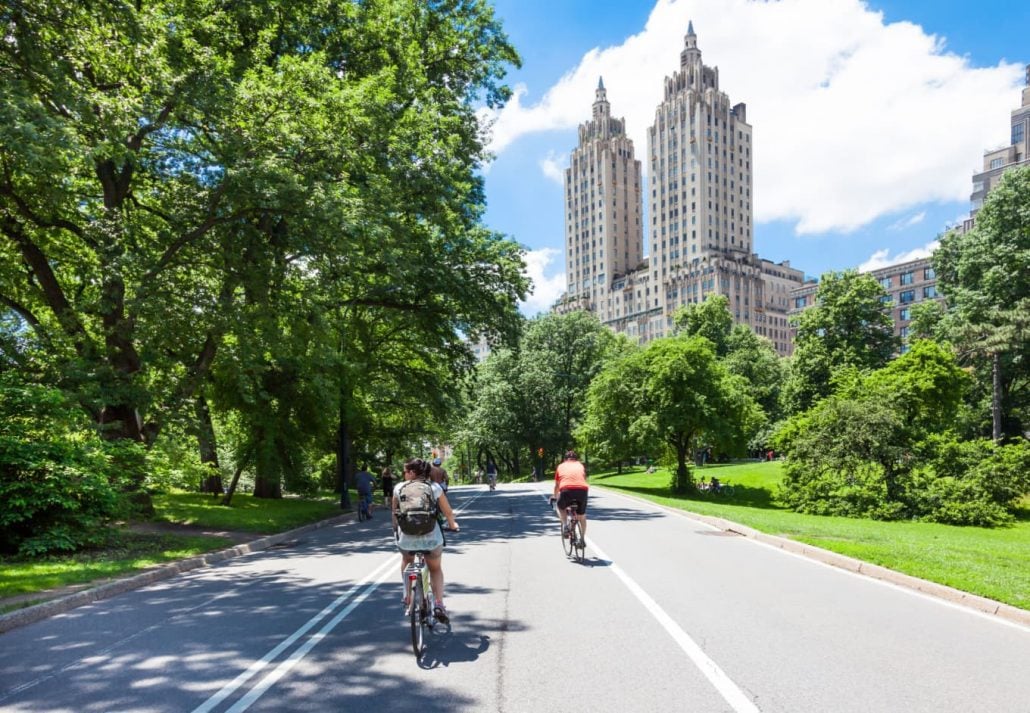Two people cycling in Central Park, NYC,