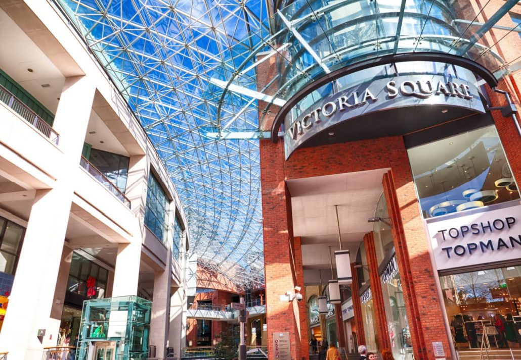 Inside of the Victoria Square Shopping Centre, in Belfast, Northern Ireland.