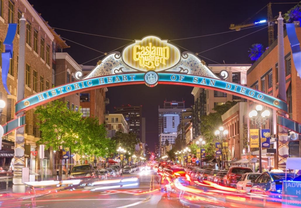 San Diego's Gaslamp Quarter at nighttime.