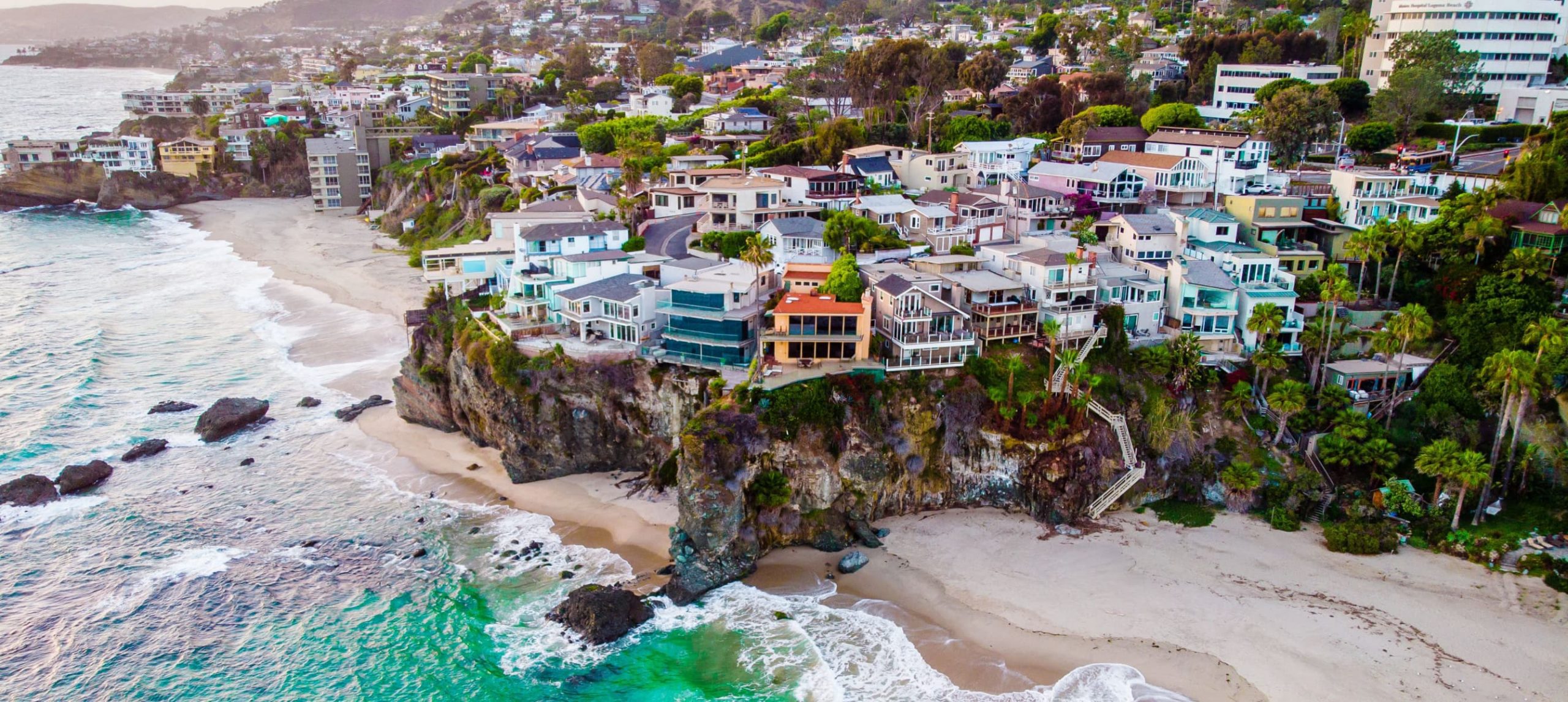 Aerial view of luxury buildings at the coast of Laguna Beach, California, USA.