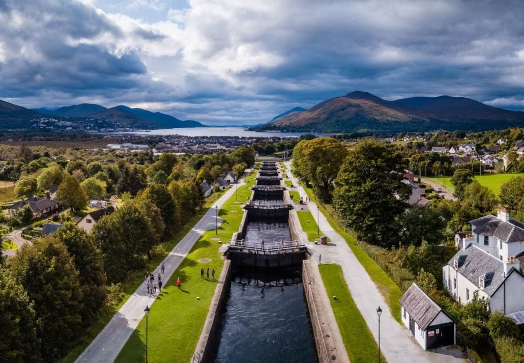 Aerial View of Neptune's Staircase in Fort William, Scotland, UK.