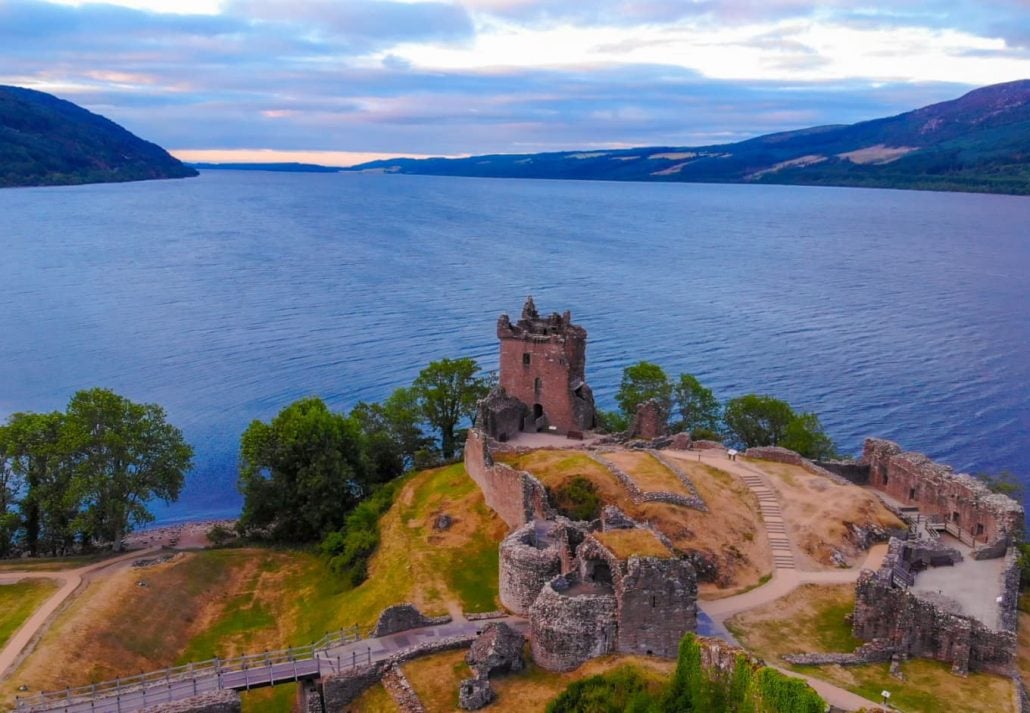 Urquhart Castle and Loch Ness in the evening, Scotland.