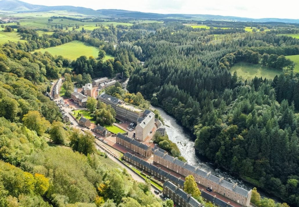 Aerial view of New Lanark, in Scotland, UK.