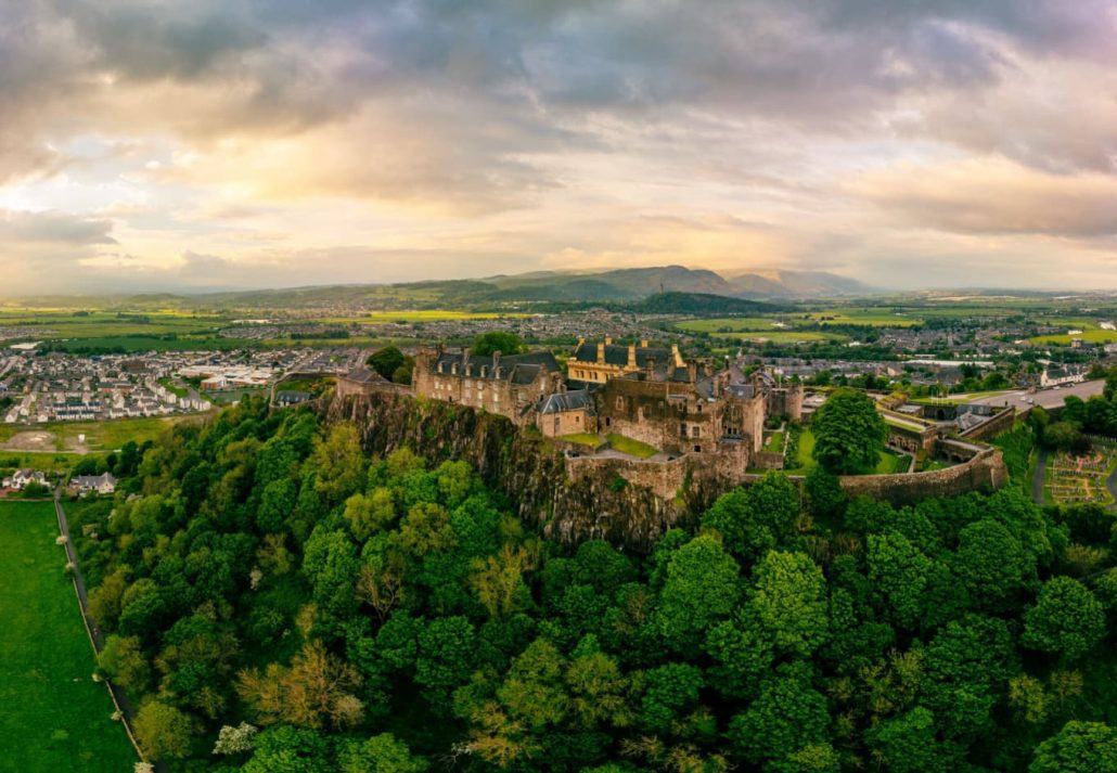 Dramatic drone aerial view of the Stirling Castle during the sunset, Scottland.