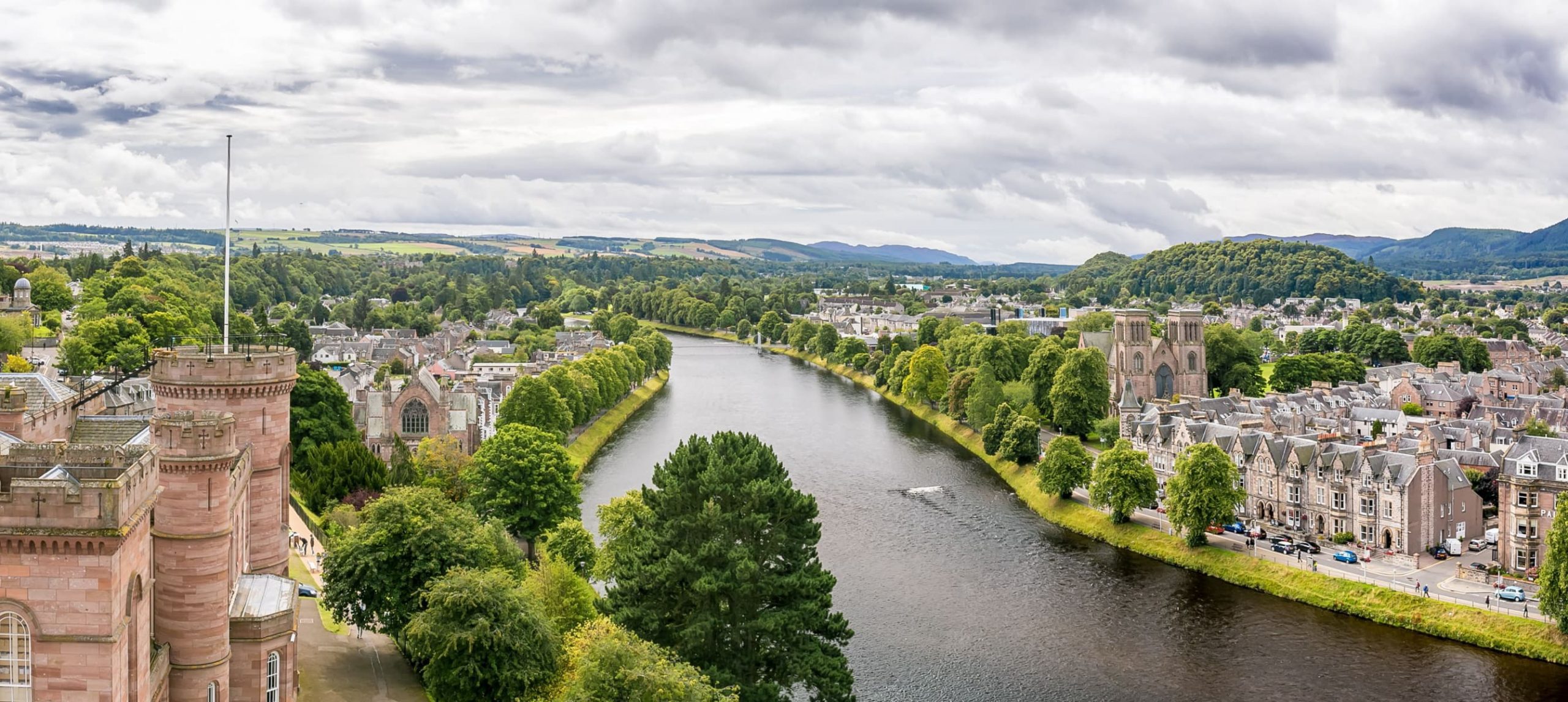 The skyline of the city of Inverness, in Scotland.