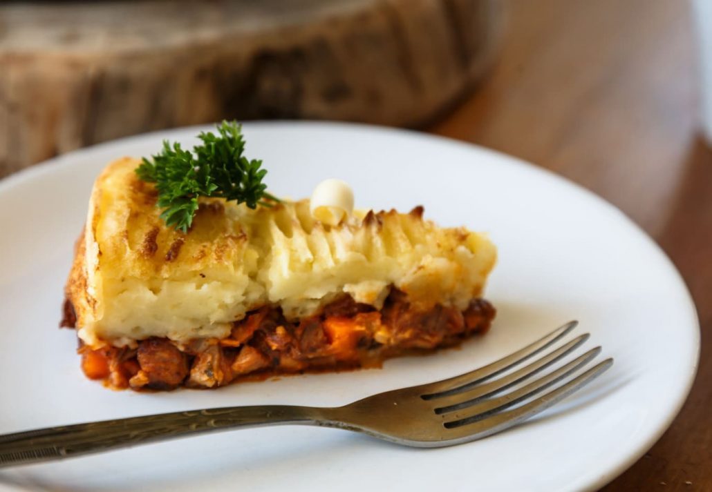 A slice of shepherd’s pie, an authentic dish from the United Kingdom.