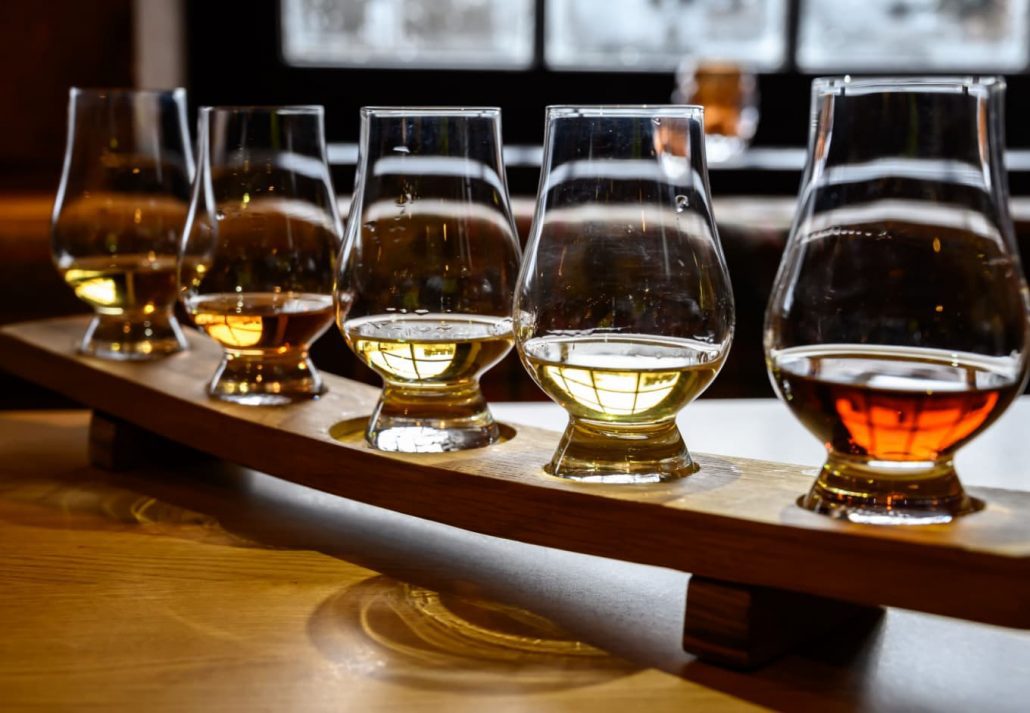 Different types of whisky in a distillery.