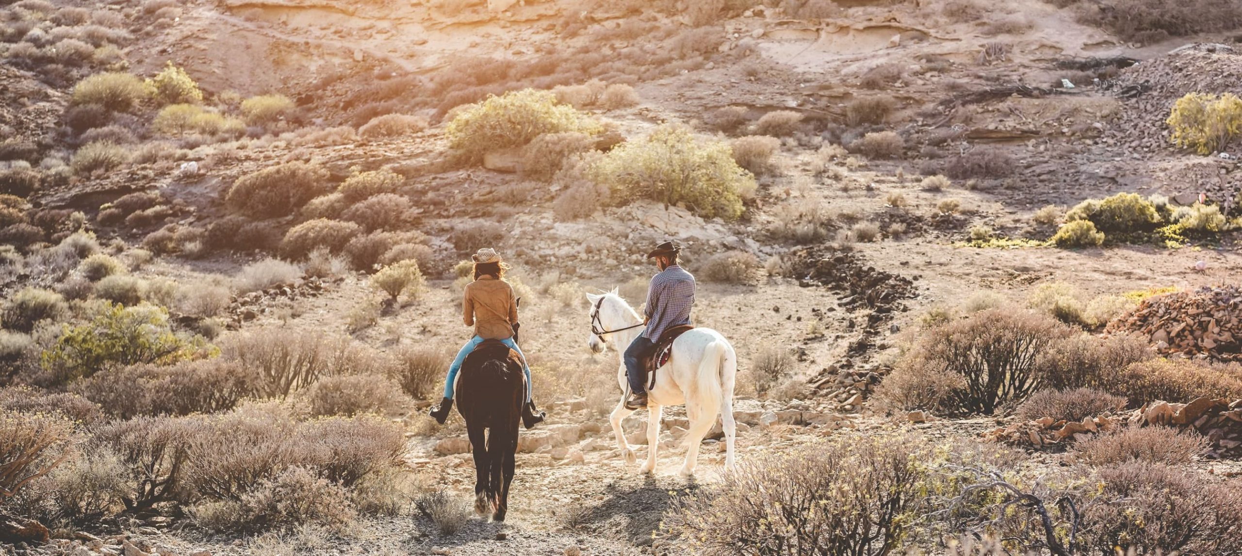 A couple horseback riding in Texas.