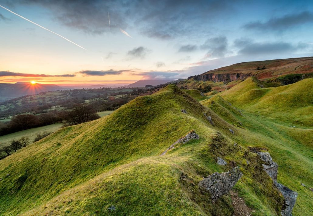 Beautiful sunrise over the Llangattock Escarpment in the Brecon Beacons National Park in Wales, UK.