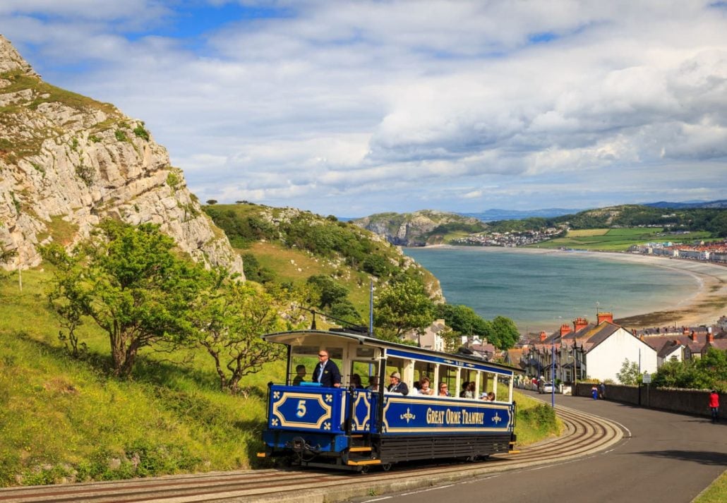 The Great Orme Tramway approaching the summit station, Wales, UK.